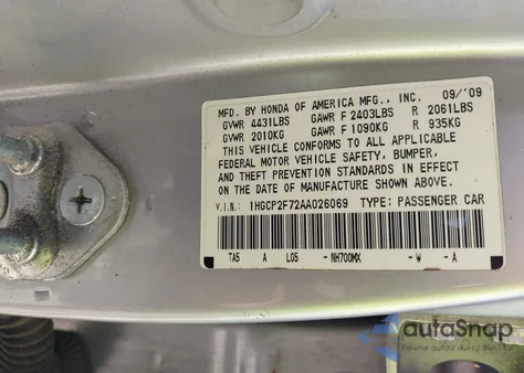 2010 Honda Accord 2.4 Ex z USA, uszkodzony, nr VIN 1HGCP2F72AA026069